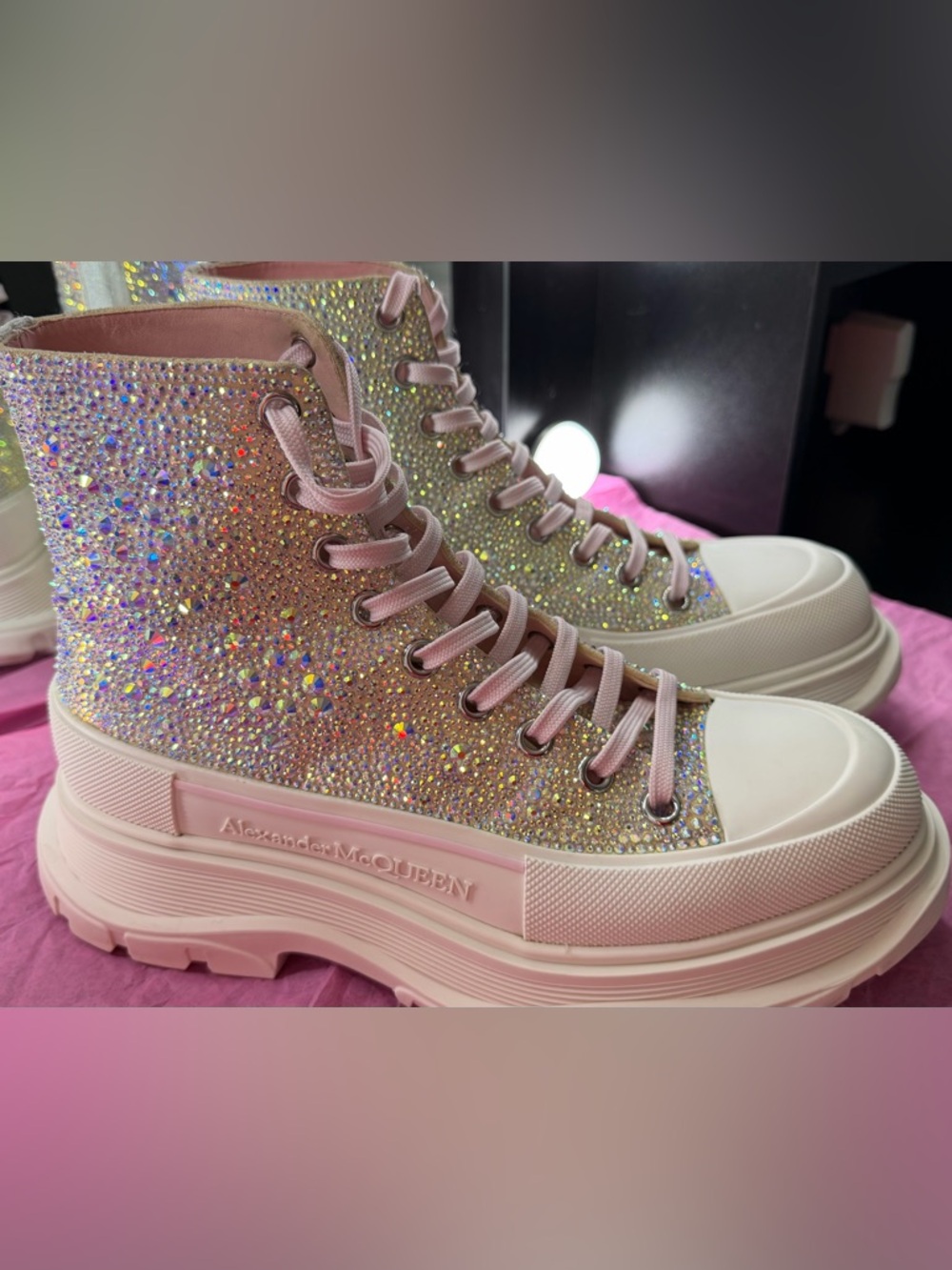 Alexander McQueen Tread Slick Pink Crystal Lace-Up Platform High Tops size 40